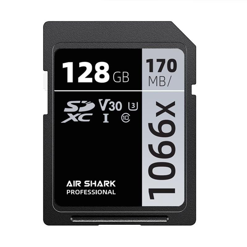 Air Shark Professional SDXC Memory Card, 128GB, V30 Class 10, 170MB/s Transfer Speed
