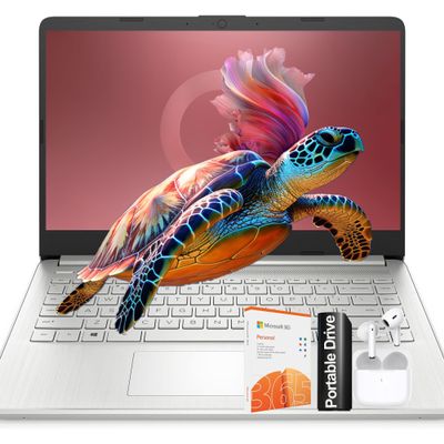 HP 14-inch Lightweight Laptop  16GB RAM, 1.25TB Storage (128GB SSD + 128GB External + 1TB Cloud), HD Display, Windows 11, 1-Year Microsoft 365, w/Wireless Earbuds  Silver, Business & Home Use