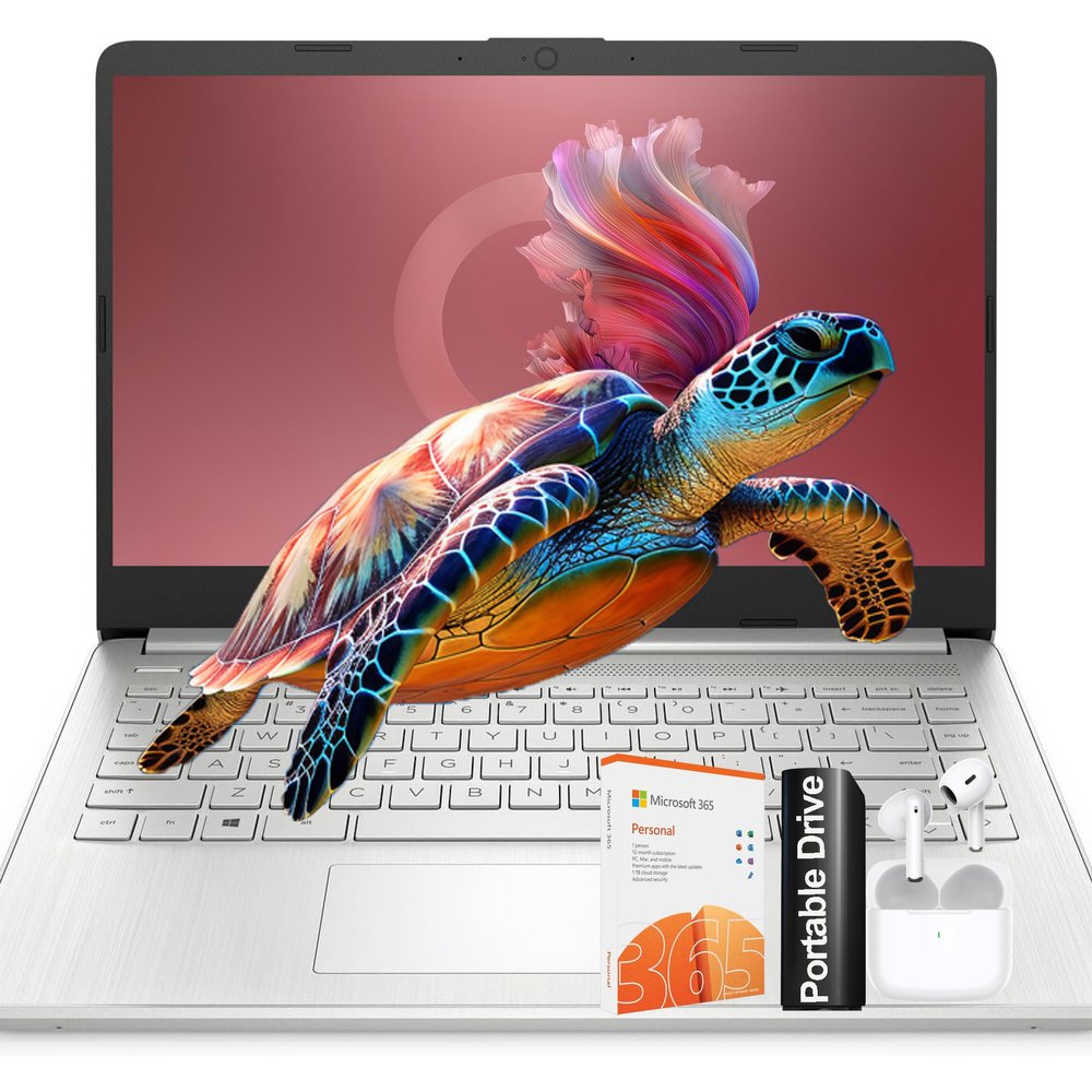 HP 14-inch Lightweight Laptop  16GB RAM, 1.25TB Storage (128GB SSD + 128GB External + 1TB Cloud), HD Display, Windows 11, 1-Year Microsoft 365, w/Wireless Earbuds  Silver, Business & Home Use