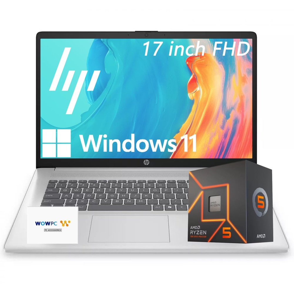 HP 17.3 Inch FHD Business Laptop with Office 365 for The Web, AMD 7000 Series Ryzen Processor (Beats Intel i7-1355U), Copilot AI, 32GB RAM, 2TB SSD, HDMI, Wi-Fi 6, Windows 11, WOWPC USB, No Mouse