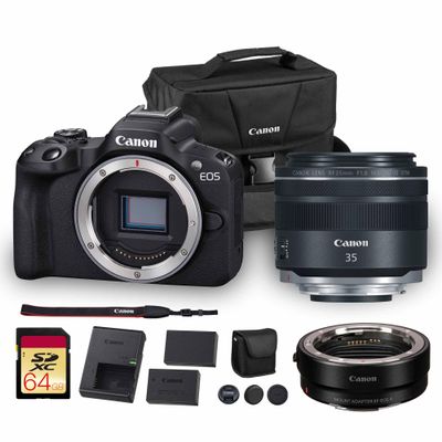 Canon EOS R50 Mirrorless Camera| 24.2MP APS-C, 4K 30p Video, Dual Pixel AF II, 15fps Burst, Vari-Angle Screen, Compact Beginner Vlogging Camera(5811C002) + Canon RF 35mm Lens + Adapter EF-EOS R + More