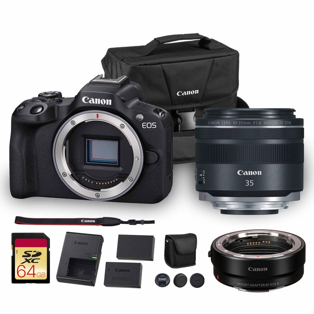 Canon EOS R50 Mirrorless Camera| 24.2MP APS-C, 4K 30p Video, Dual Pixel AF II, 15fps Burst, Vari-Angle Screen, Compact Beginner Vlogging Camera(5811C002) + Canon RF 35mm Lens + Adapter EF-EOS R + More