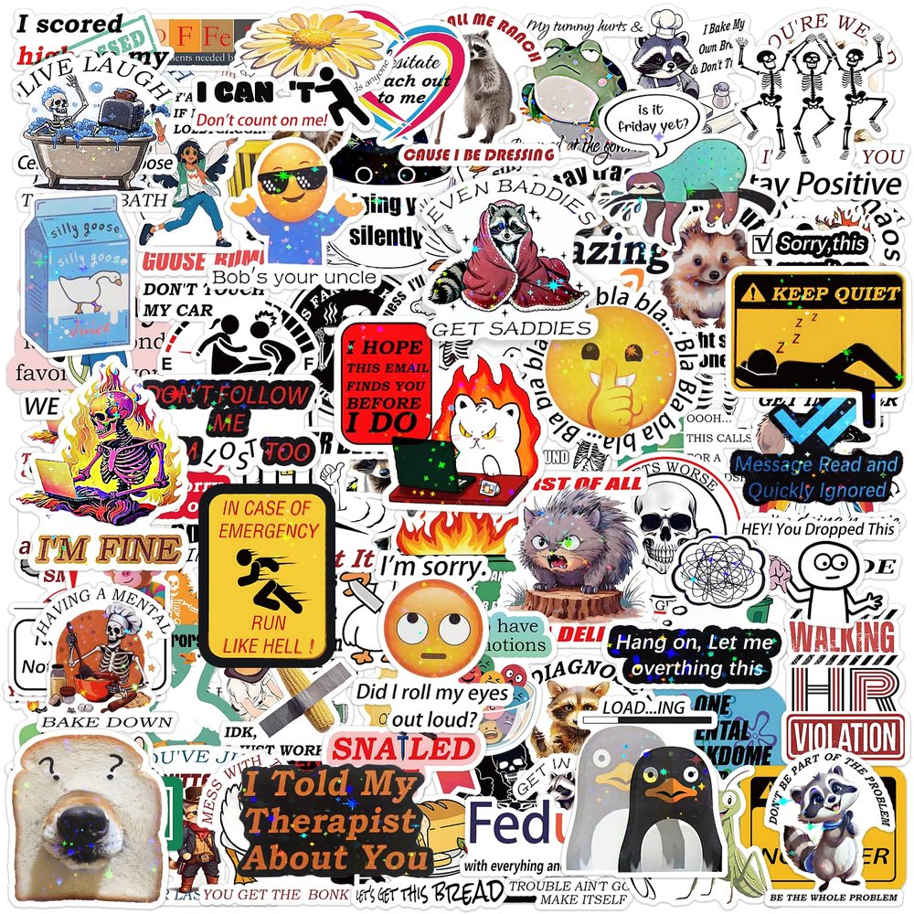 100PCS Funny Holographic Stickers for Adults, Meme Waterproof Vinyl Sticker for Water Bottle,Laptop Phone,Kindle,Journal,Scrapbook,Skateboard,Luggage,No Repeats