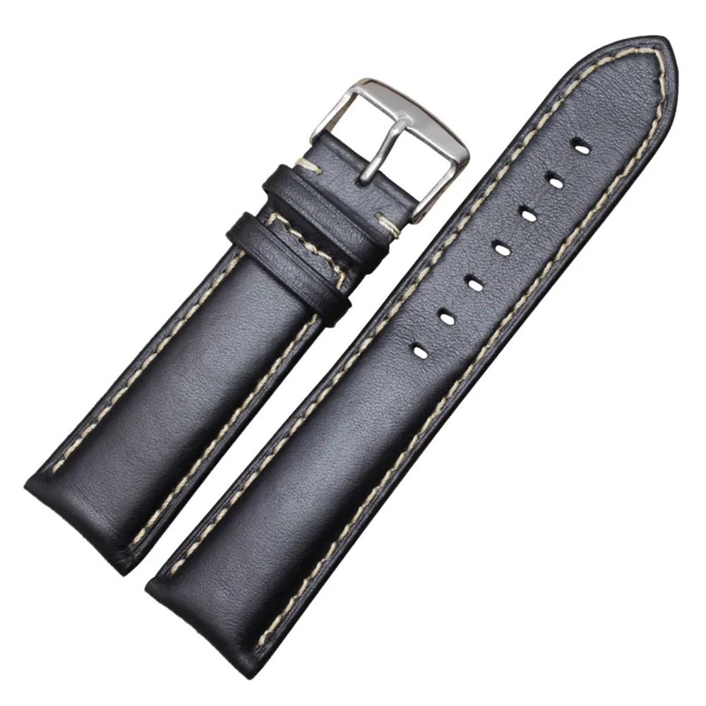 Leather Watch Band Strap Black Dark Brown 18 19 20 21 22 24mm Watchbands Men Women Polished Buckle(Black silver buckle,21mm)