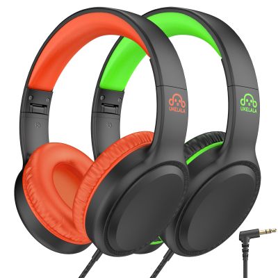 UKELALA U2 2 Pcs Wired Headphones for Kids Boys Girls, On Ear Youth Headphones for School Airplane Travel, Lightweight Portable Compatible with Tablet Computer Laptop for Adults Student Green & Orange