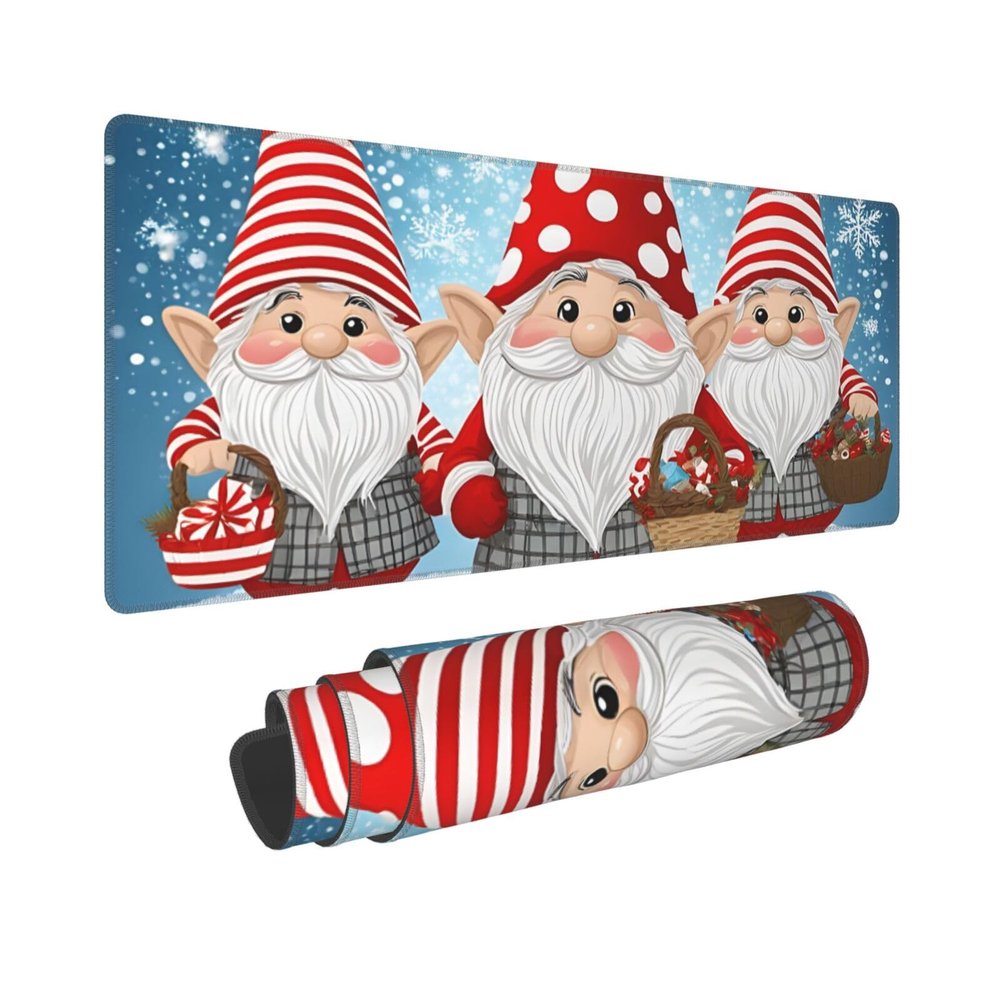 Large Extended Gaming Mouse Pad 32 X 12 in Non-Slip Rubber Base, Fun Christmas Traditional Gnome Print Desk Mat for Keyboard & Mouse, Office/Gaming Computer Accessories