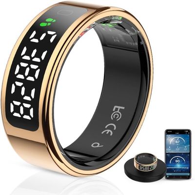 Koepovk Unisex Smart Ring with LED Display, Touch Controls, and Charging Case - Tracks Activity, Sleep, Heart Rate, and Blood Oxygen, IP68 Waterproof (Gold, #12)