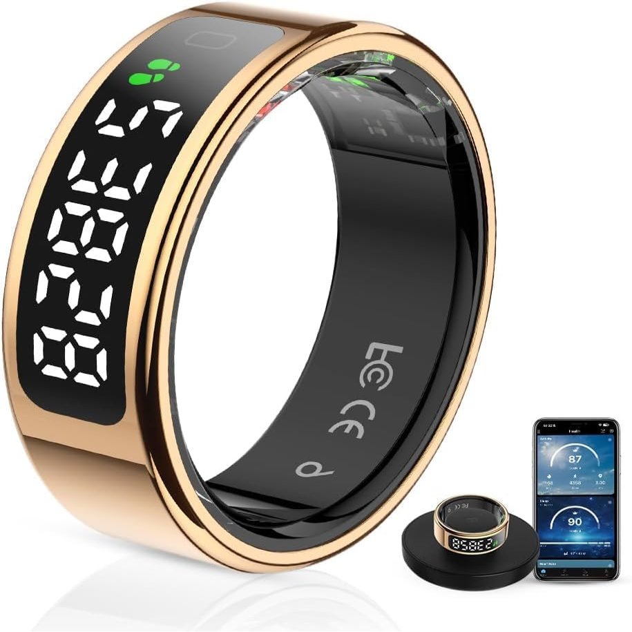 Koepovk Unisex Smart Ring with LED Display, Touch Controls, and Charging Case - Tracks Activity, Sleep, Heart Rate, and Blood Oxygen, IP68 Waterproof (Gold, #12)