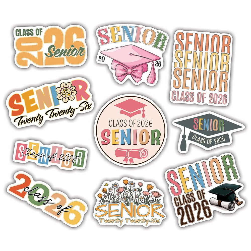 (10pcs) Senior 2026 Graduation Stickers Sheet for Girls, Boys, First Day of School Sign Decor, Graduation Sticker Vinyl for Locker, Laptop, Water Bottle, Tumbler, Waterproof, UV-Resistant