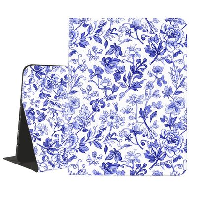 AdorableWhimsy Chinoiserie Printed for iPad (A16) 11th Gen 2025 11 Inch/iPad 10th Gen 2022 10.9 Inch with Pencil Holder Blue Flower Floral Pattern Leather Cover Multiple Viewing Stand Folio Case