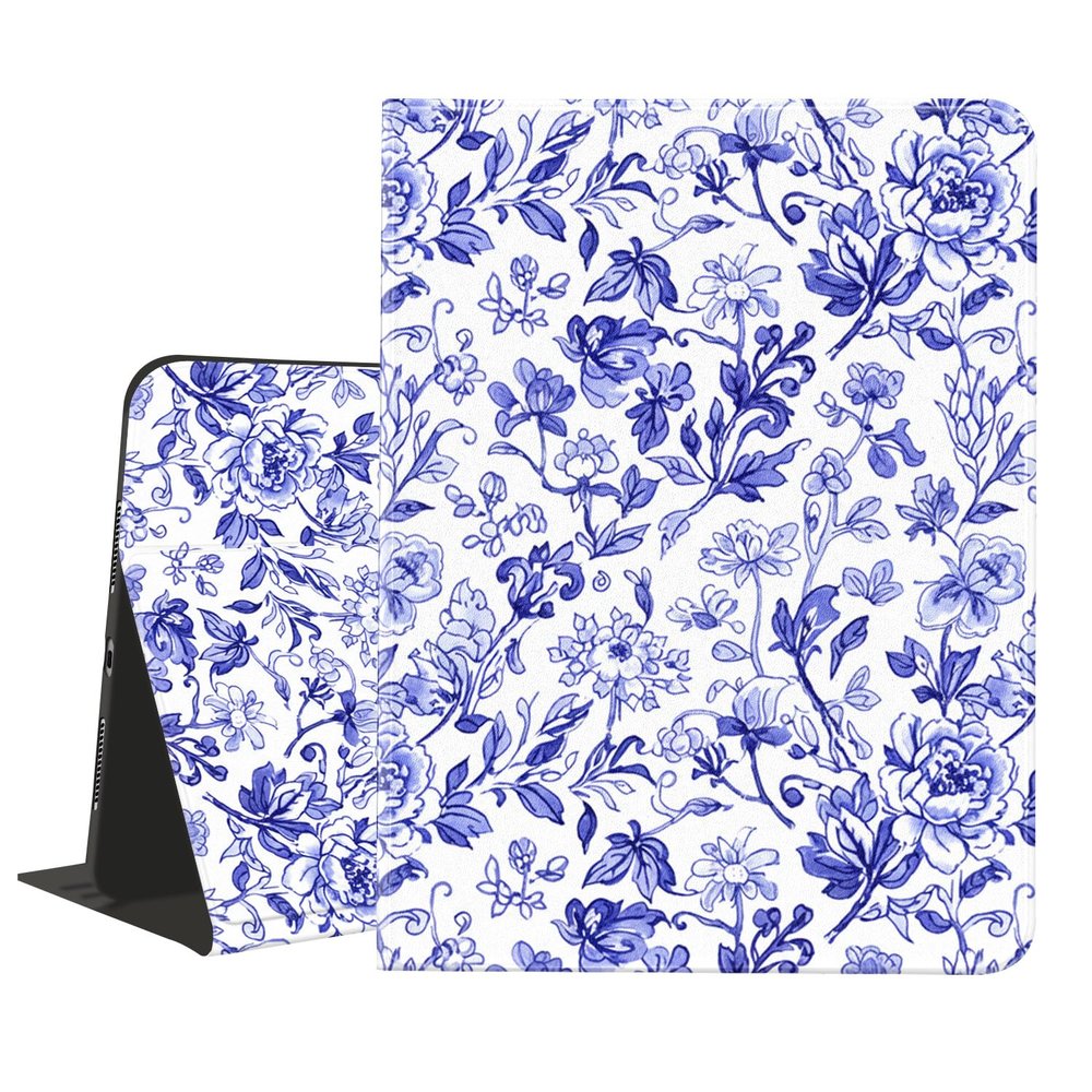 AdorableWhimsy Chinoiserie Printed for iPad (A16) 11th Gen 2025 11 Inch/iPad 10th Gen 2022 10.9 Inch with Pencil Holder Blue Flower Floral Pattern Leather Cover Multiple Viewing Stand Folio Case