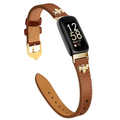 EVPLNT Slim Leather Bands Compatible with fitbit inspire 3 bands, Charms, Feminine Design for fitbit inspire 3 (Brown/Gold)