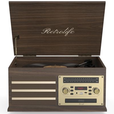 Vinyl Record Player 10-in-1 Music Center Turntable Built-in Speakers Support 3 Speed BT Wireless Input/Output AM/FM Radio CD Cassette Tape Player Aux RCA Auto Stop Vinyl Recording to USB/TF Card Brown