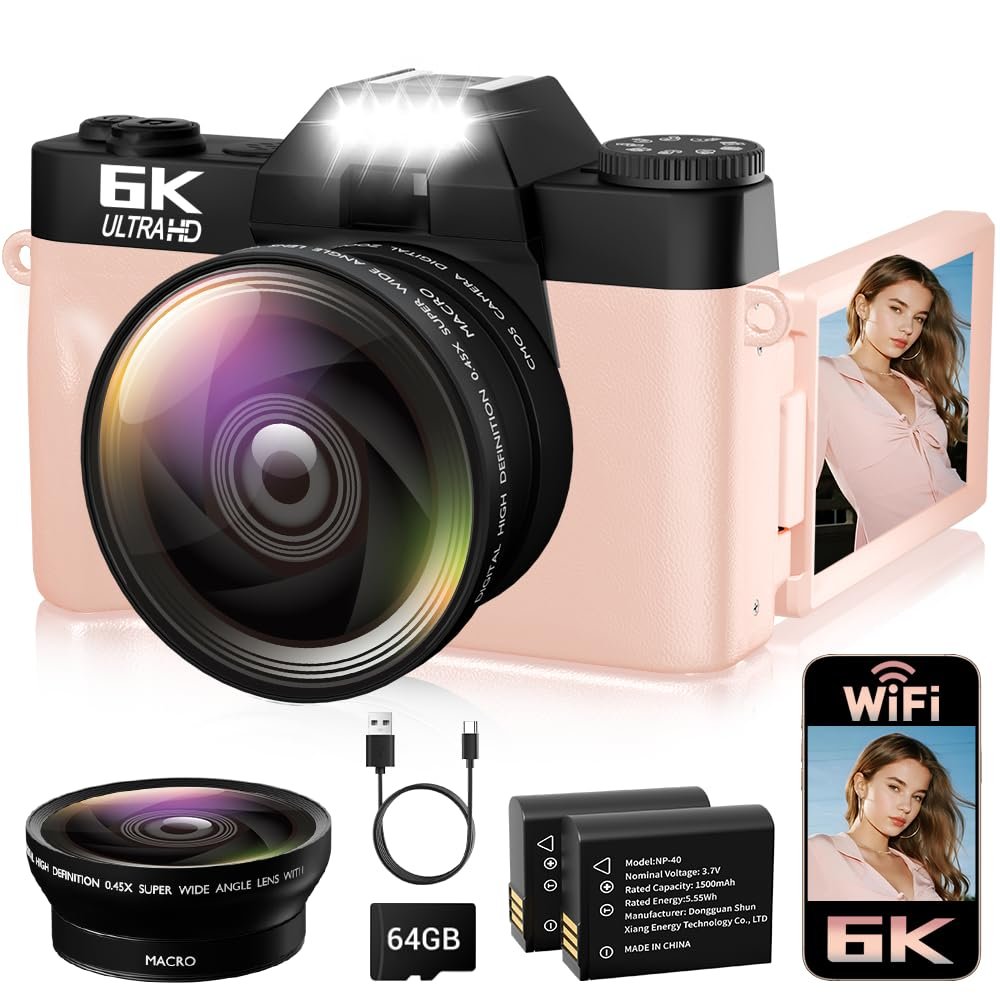 6K Digital Camera for Photography Autofocus, 64MP WiFi Vlogging Camera for YouTube with 3" 180 Flip Screen 16X Zoom, 64GB SD Card & 2 Batteries Pink Compact Travel Camera for Beginners Teens