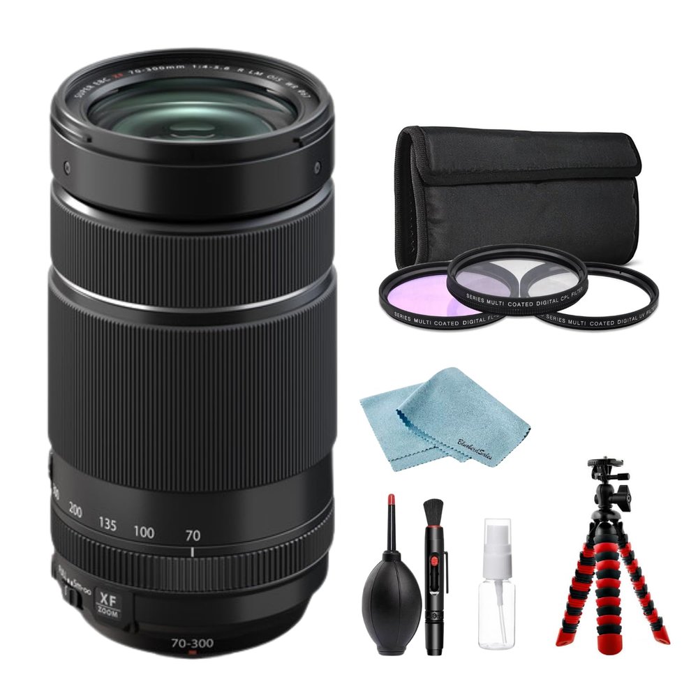FUJIFILM XF 70-300mm f/4-5.6 R LM OIS WR Lens  Telephoto Zoom Lens with 3-Piece Filter Kit, Tripod, Cleaning Kit & BluebirdSales Microfiber Cloth