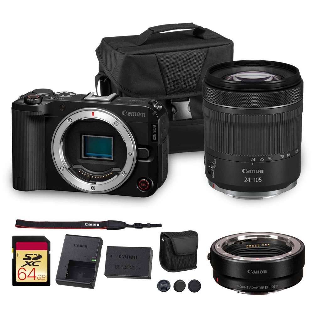 Canon EOS R50 V Mirrorless Camera | 24.2MP APS-C Sensor 4K Oversampled Video | Compact Beginner-Friendly Camera for Vlogging and Travel (6895C002) + Canon RF 24-105mm Lens + Adapter EF-EOS R + More