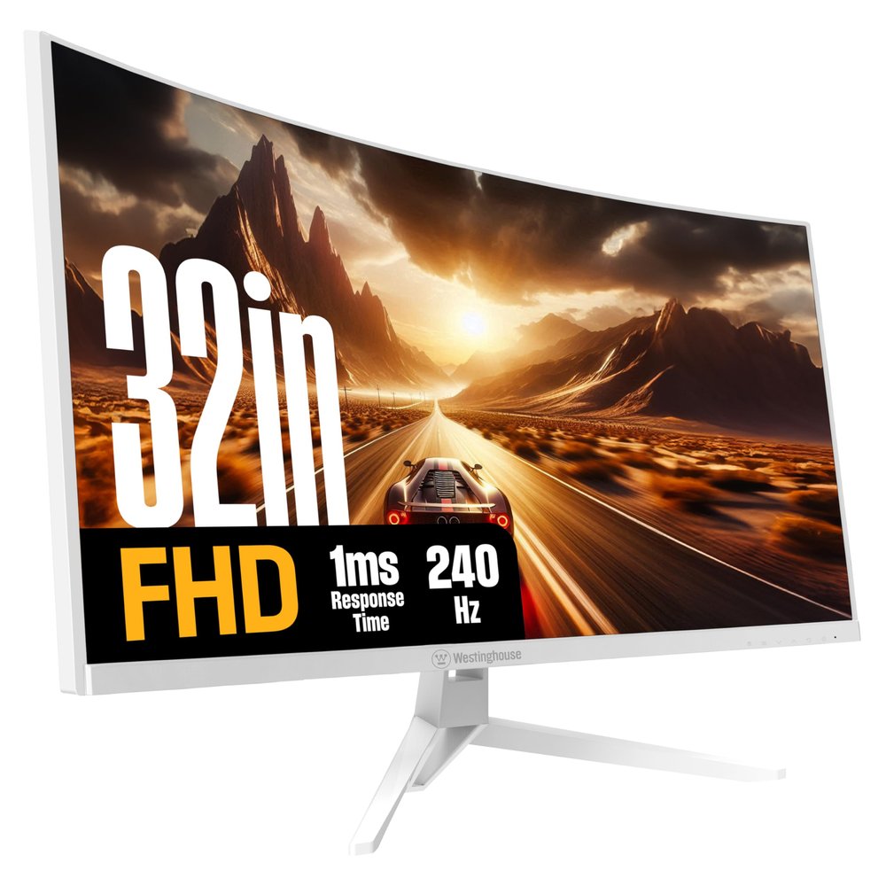 Westinghouse 32 Inch Curved Full HD White Gaming Monitor, 240Hz, AMD FreeSync Support, Low Motion Blur, 1500R Curve, 1920 x 1080, for PC Games with Built in Speakers, DisplayPort, HDMI
