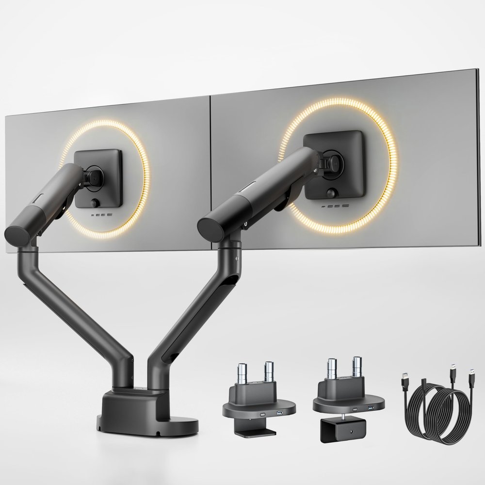 monTEK Dual Monitor Stand Mount with USB for Up to 35" Screens, Each Arm Holds Max 24.3lbs, Full Motion Adjustable Monitor Arm Desk Mount with C-Clamp/Grommet, VESA 75/100mm, Space Gray, MA1010UCDG-D