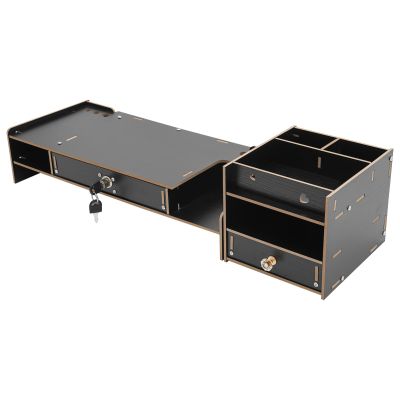 HUYSCVUI Desktop Monitor Stand Riser with Storage Cabinet, Cherry Wood Color MDF, 18.9x7.87x4.13 Inch, Lockable Drawer, 6 Compartments, Phone Holder, Modern Rectangle Design (Black)