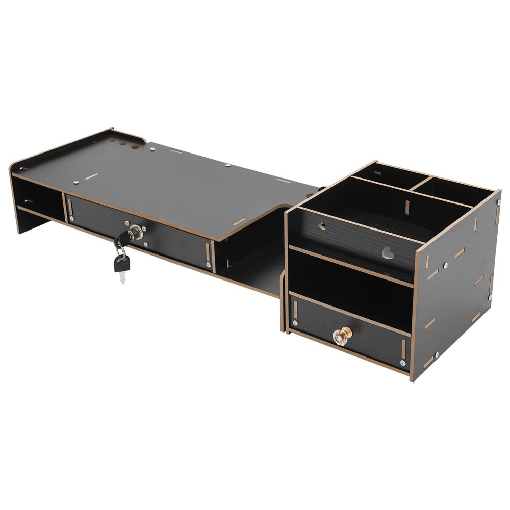 HUYSCVUI Desktop Monitor Stand Riser with Storage Cabinet, Cherry Wood Color MDF, 18.9x7.87x4.13 Inch, Lockable Drawer, 6 Compartments, Phone Holder, Modern Rectangle Design (Black)