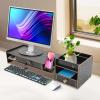 HUYSCVUI Desktop Monitor Stand Riser with Storage Cabinet, Cherry Wood Color MDF, 18.9x7.87x4.13 Inch, Lockable Drawer, 6 Compartments, Phone Holder, Modern Rectangle Design (Black) view 4