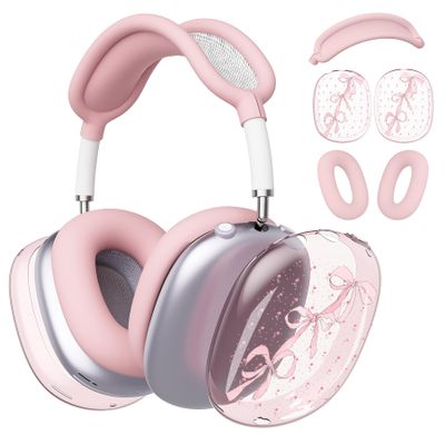 BlHMCASE Headphone Cover for AirPods Max, Cute Pink Ribbon Bow Flower Clear Ear Cups Covers, Pink Silicone Ear Pad Case Headband Cover for Apple AirPods Max