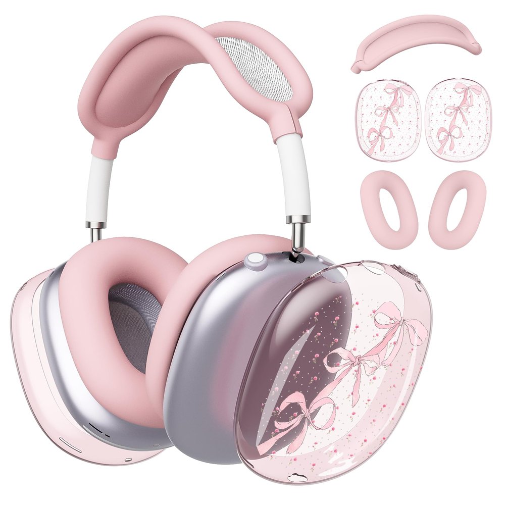 BlHMCASE Headphone Cover for AirPods Max, Cute Pink Ribbon Bow Flower Clear Ear Cups Covers, Pink Silicone Ear Pad Case Headband Cover for Apple AirPods Max