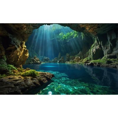 Underwater Cave Aquarium Background Ocean Seaside Rock Cave Fish Tank Background Tropical Seashore Sunrays Blue Sky Terrarium Backgrounds Misty Stunning Seascape Reptile Tank Backgrounds 48x18in
