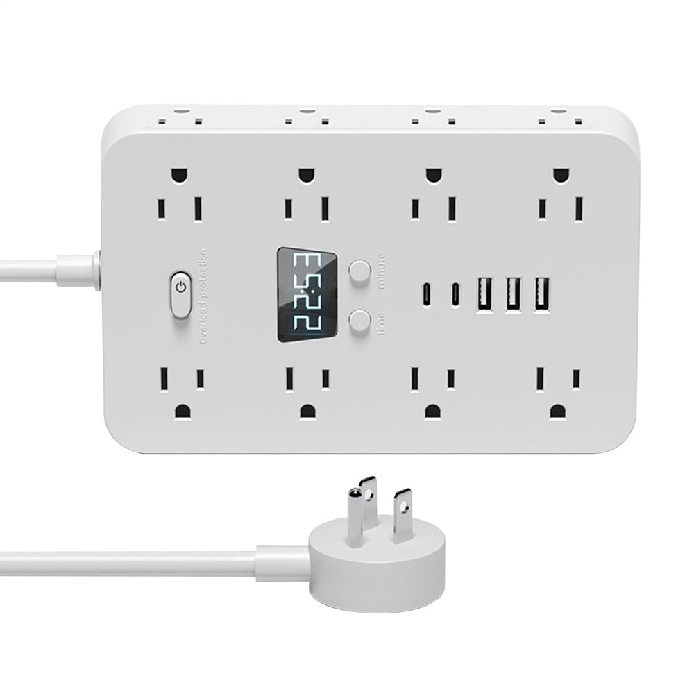 11 in 1 Powerstrip with Switches & Surge Protection,11 AC Outlets, 3 USB Ports & Time Display, 4.9 FT Extension Cord Flat Plug Surge Protector Powerstrip for Home Office Dorm Travel