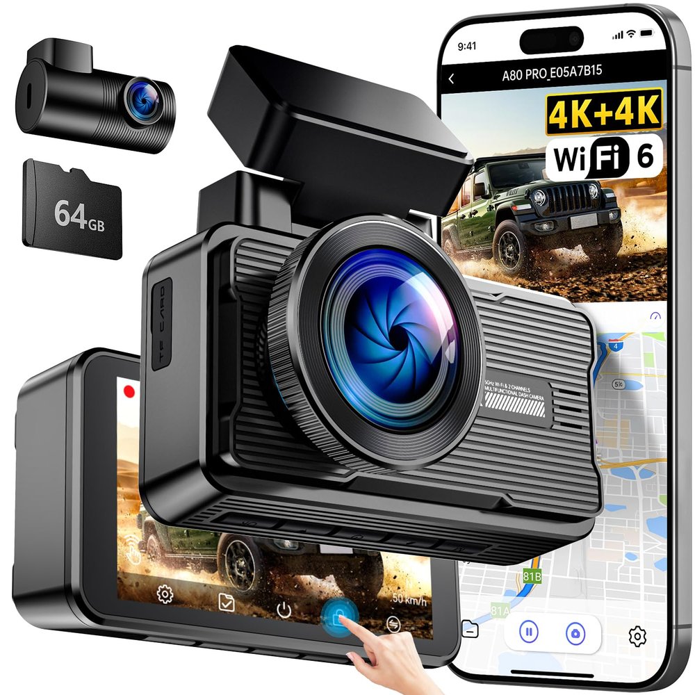 JOMISE 4K+4K Dash Cam Front and Rear, 20 Mbps+ Ethernet Transfer & Stable WiFi 6, Touch Screen Dash Camera for Cars with GPS, G-Sensor,Night Vision, 24H Parking Mode, Support 1TB(A80 Pro)