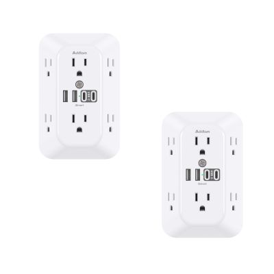Addtam Surge Protector Outlet Extender, 6-Outlet Splitter with 4 USB Wall Charger(2 USB-C Ports), Multi Plug Wall Outlet 1800J Power Strip, 2 Pack