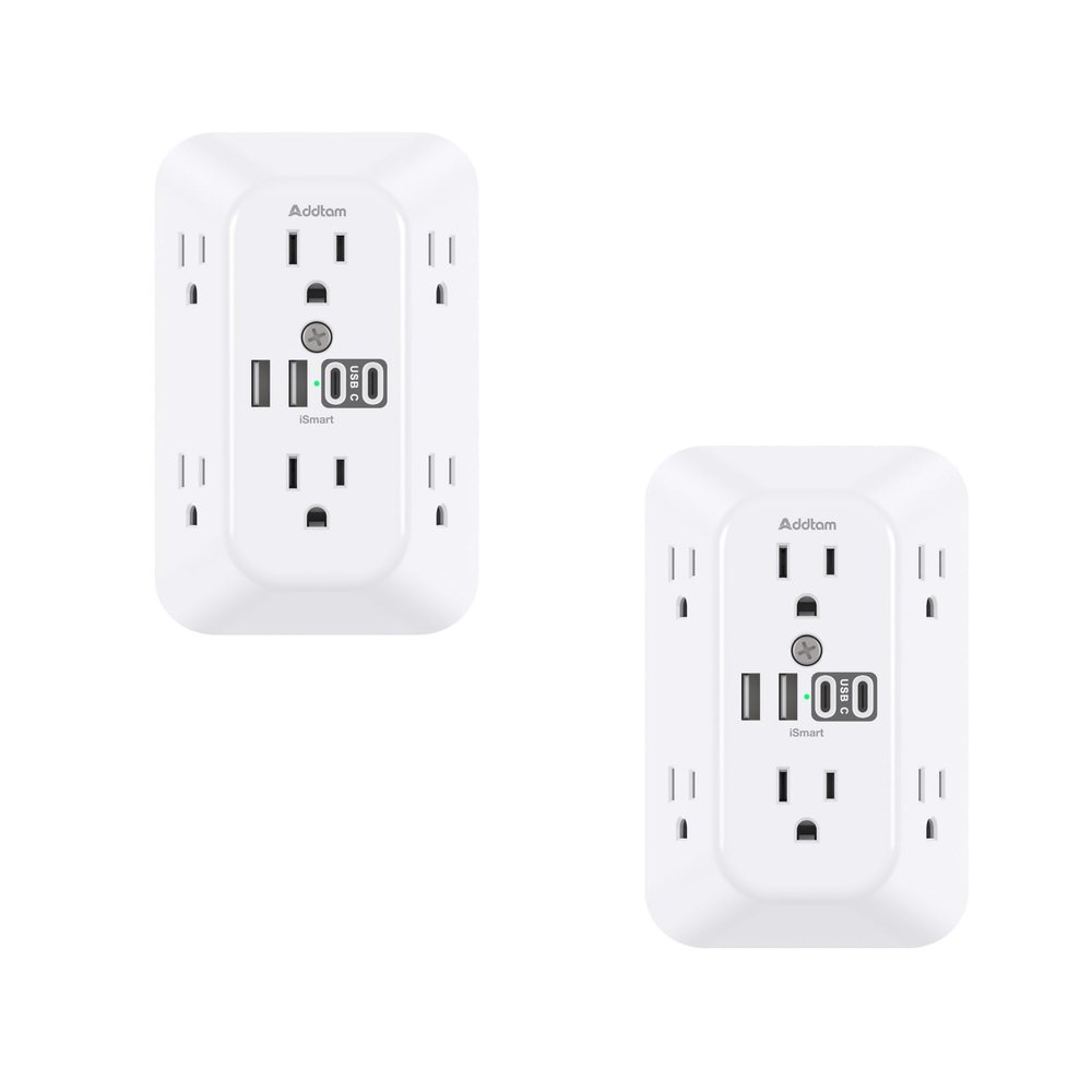 Addtam Surge Protector Outlet Extender, 6-Outlet Splitter with 4 USB Wall Charger(2 USB-C Ports), Multi Plug Wall Outlet 1800J Power Strip, 2 Pack