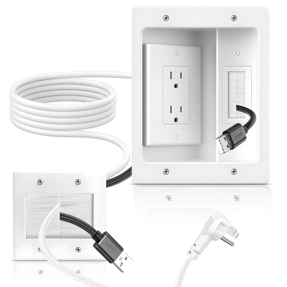 Naerza in Wall Cable Management Kit with Recessed Tv Outlet Box-Two-Hole Socket, 9ft Cord,Tv Cable Hider Wall Kit Hider Box Fits All Plugs, Easy, Safe Cable Management