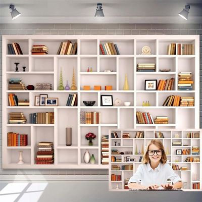 10x7ft White Bookshelf Backdrop Modern Office Zoom Video Conference Photography Background Bookcase Decorations for Home Office Meeting Library Study Room Bookcase Background Kids Portrait Props