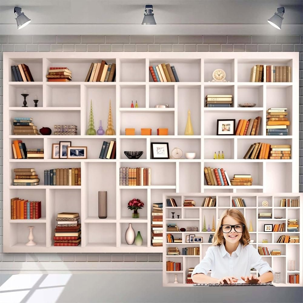 10x7ft White Bookshelf Backdrop Modern Office Zoom Video Conference Photography Background Bookcase Decorations for Home Office Meeting Library Study Room Bookcase Background Kids Portrait Props