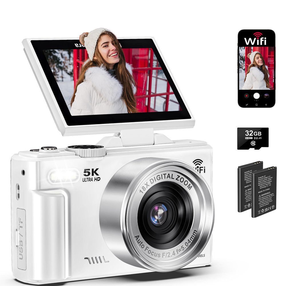 5K Digital Camera for Photography - 75MP WiFi Vlogging Camera for YouTube - UHD 18X Zoom Digital Cameras with Flip Screen 3" 180 - Travel Photography Flash Camara for Beginners & Adults
