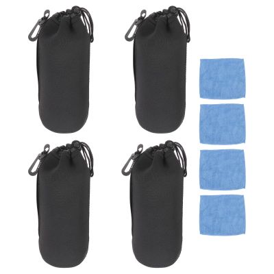 PATIKIL 4 Pcs Camera Lens Pouch, 4" ID x 10" H Drawstring Lens Pouch Protective Camera Lens Case Bag Soft Plush Neoprene Bag for DSLR Photography Gear, Black