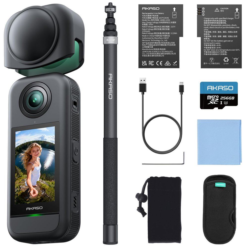 AKASO 360 Action Camera - 5.7K 360 Video with 1/2" 48MP Sensors, 72MP 360 Photo, 360-SuperSmooth, Invisible Selfie Stick, 360 Horizon Lock, AI Tracking Drone View Combo with 256GB MicroSD Card