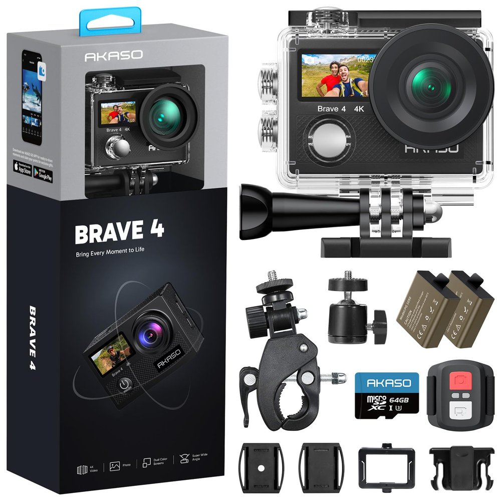AKASO Brave 4 Action Camera 4K30fps with 64GB Micro SD Card Bundle