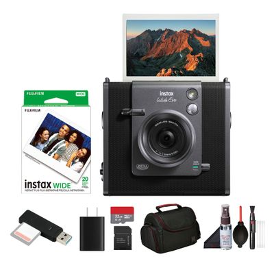 Fujifilm Instax Wide Evo Hybrid Instant Film Camera Bundle with Instax-Wide Instant-Film 2 Pack (20 Exposures) + 32GB Memory Card + USB Card Reader + Bag + Cleaning Kit
