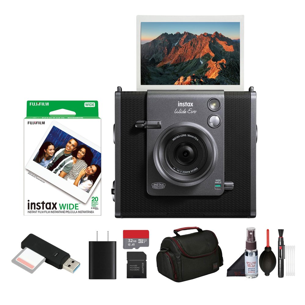 Fujifilm Instax Wide Evo Hybrid Instant Film Camera Bundle with Instax-Wide Instant-Film 2 Pack (20 Exposures) + 32GB Memory Card + USB Card Reader + Bag + Cleaning Kit