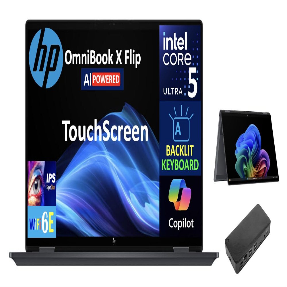 HP OmniBook AI Powered 2-in-1 Laptop 16.0" Touchscreen IPS WUXGA Display (Intel Ultra 5-226v, 16GB LPDDR5X, 512GB PCIe SSD, Backlit KB, Thunderbolt 4, WiFi 6E, Webcam, Win 11 Pro) w/USB-C Dock
