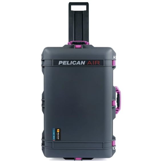 Charcoal Pelican 1615 Air case with Magenta Handles & latches. Comes Empty & with Wheels.