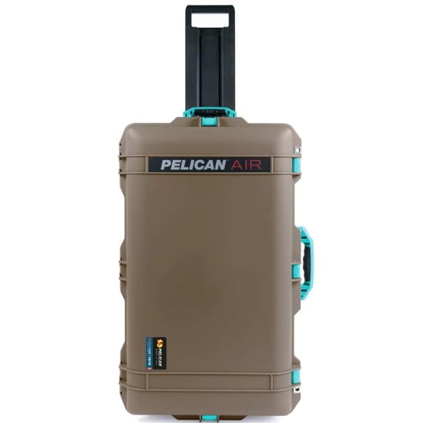 Dark Desert Dirt Pelican 1615 Air case with Teal Handles & latches. Comes Empty & with Wheels.