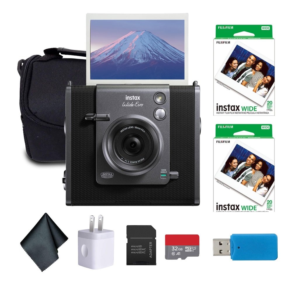 Fujifilm Instax Wide Evo Hybrid Instant Film Camera Bundle with 2X Instax-Wide Instant-Film 2 Pack (40 Exposures) + 32GB Memory Card + USB Card Reader + Bag + Microfiber Cleaning Cloth