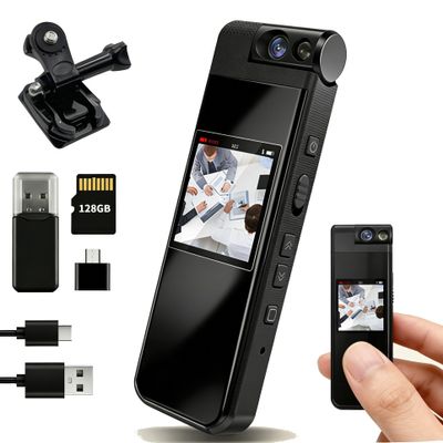 BLVBWSD 128G Mini Body Camera with Audio and Video Recording  1080P Body Cam with 180 Rotating Lens, 6H Playtime, Hands Free Recording Wearable Camera for Work, Guard Duty and Travel Recording.
