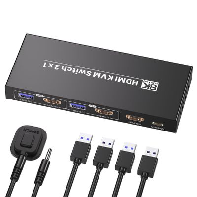 8K60Hz 4K120Hz HDMI KVM Switch 1 Monitor 2 Computers, 2 Port KVM Switch for Controlling 2 PCs with 1 Monitor, Keyboard and Mouse, 4 Port USB 3.0 for Peripheral