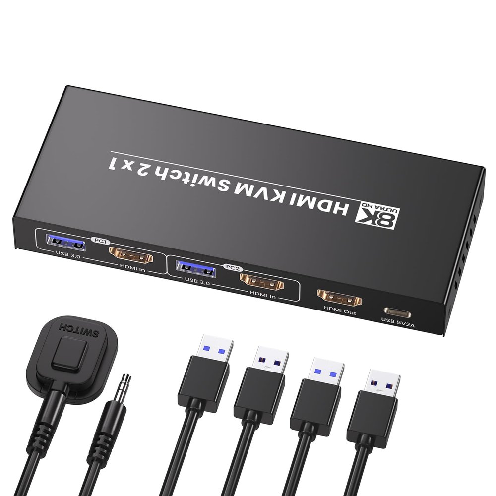 8K60Hz 4K120Hz HDMI KVM Switch 1 Monitor 2 Computers, 2 Port KVM Switch for Controlling 2 PCs with 1 Monitor, Keyboard and Mouse, 4 Port USB 3.0 for Peripheral