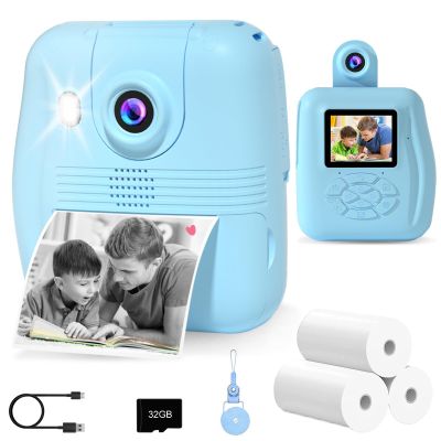 GKTZ Kids Camera Instant Print - 2.4" Eye-Care Digital Video Camera for Toddlers & Kids Ages 3-12, with 3 Rolls Paper & 32GB SD Card, 1080P, 18 Frames, Birthday for Girls