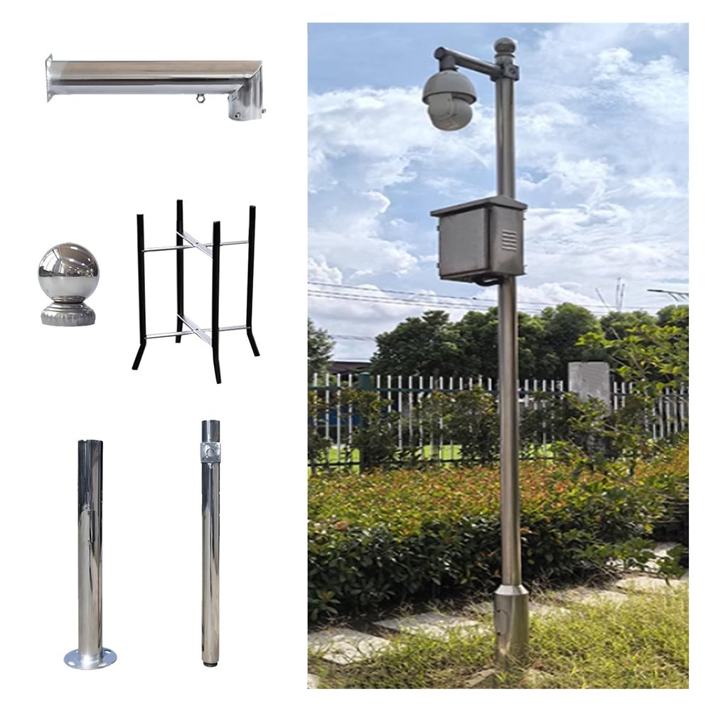 Splicing Security Camera Pole 6.6 8 10 12 13 15 16 19.7ft, Stainless Steel CCTV Pole with Ground Base Cage & Screws, Detachable Surveillance Stand(Light Coffee,450cm(14 4/5 ft))